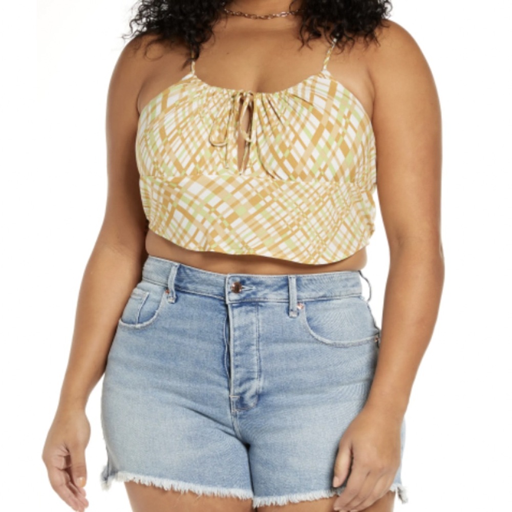 [bp] tie front smocked peasant crop top tan lime plaid 1X